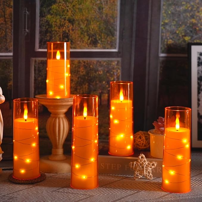 Flameless LED Candles with Timer 5 Pc Flickering Flameless Candles for Romantic Ambiance and Home Decoration Stable Acrylic Shell,with Embedded Star String，Battery Operated Candles（Orange）