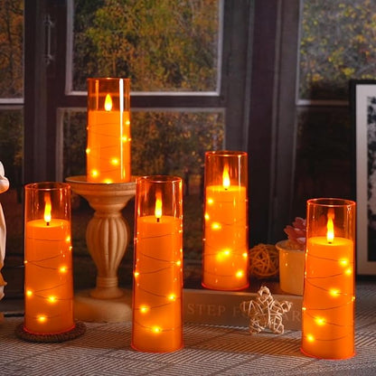 Flameless LED Candles with Timer 5 Pc Flickering Flameless Candles for Romantic Ambiance and Home Decoration Stable Acrylic Shell,with Embedded Star String，Battery Operated Candles（Orange）