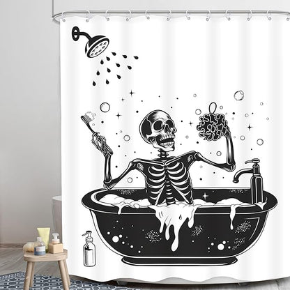 LGhtyro Funny Skull Halloween Shower Curtain Bathroom Set 60Wx71H Inches Black White Gothic Skeleton Bathing in Bathtub Spooky Cool Bath Accessories for Men Boys Art Home Decor Fabric 12 Pack Hooks