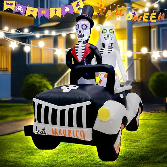 7FT Halloween Inflatable Ghost Couple Driving Halloween Decorations Spooky Blow Up Decor with LED Lights Indoor Outdoor Yard Garden Party Holiday Decorations