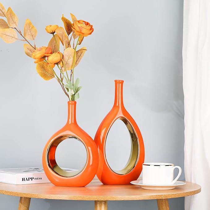 XMGZQ Ceramic Orange and Gold Vase Set of 2, Modern Vases for Home Decor, Centerpieces, Housewarming Gift, Living Room Dining Table, Flowers