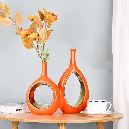 XMGZQ Ceramic Orange and Gold Vase Set of 2, Modern Vases for Home Decor, Centerpieces, Housewarming Gift, Living Room Dining Table, Flowers