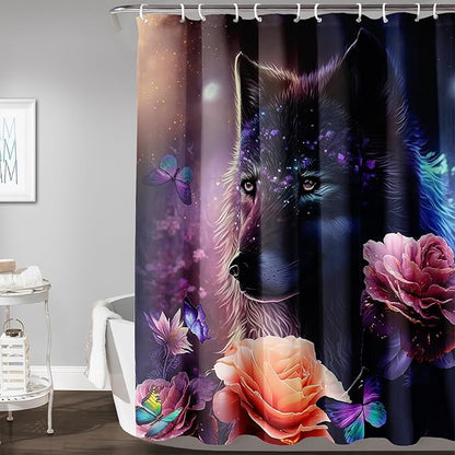 AILONEN Wolf Shower Curtain,Butterfly Flower Wolf Bath Curtain for Kids Boys Girls,Polyester Waterproof for Bathroom with 12 Plastic Hooks 72" W*72" H