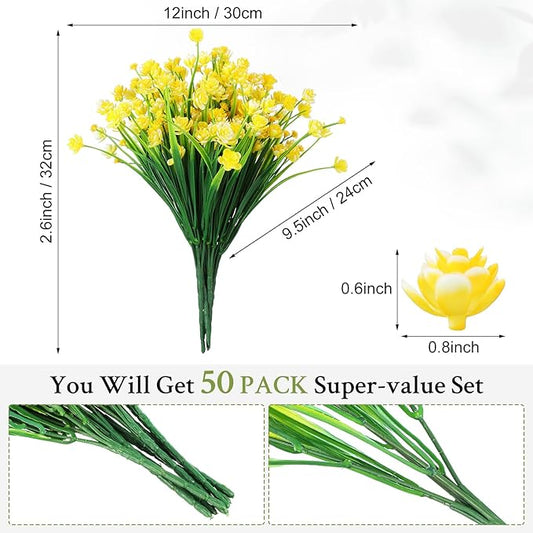 Hoteam 50 Bundles Fall Outdoor Artificial Flowers Plants Uv Resistant Outside Faux Flowers Plastic Fake Plants Outdoor Summer Four Seasons Decoration Shrubs Garden Porch, Yellow