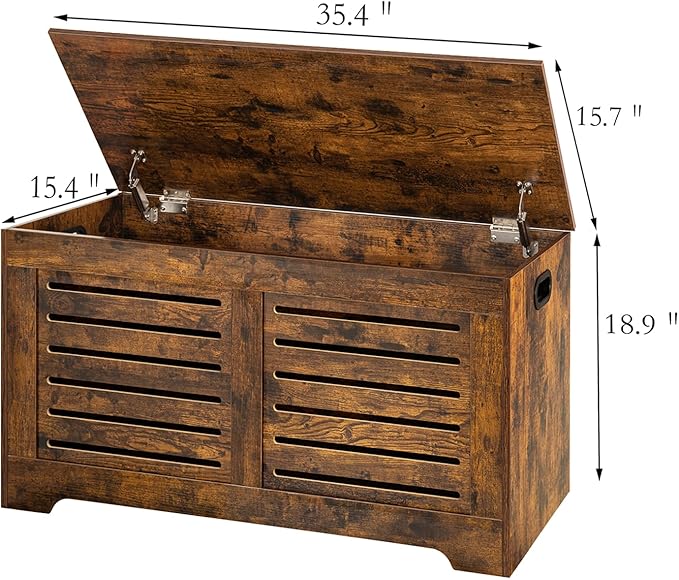 DINZI LVJ Storage Chest, Flip-Top Wooden Toy Box with 2 Safety Hinges, Retro Entryway Shoe Storage Bench, Sturdy Large Storage Trunk for Living Room, Bedroom, Easy Assembly, Rustic Brown