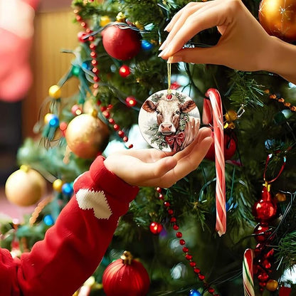 Christmas Cow Ornament Round Ceramic Ornament Xmas Keepsake for Christmas Tree Winter Holiday Xmas Gift for Women Men Xmas Hanging Ornament 3"