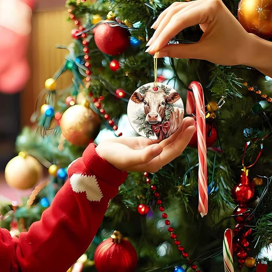 Christmas Cow Ornament Round Ceramic Ornament Xmas Keepsake for Christmas Tree Winter Holiday Xmas Gift for Women Men Xmas Hanging Ornament 3"