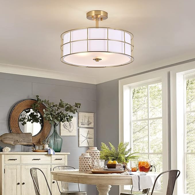 16" Semi Flush Mount Ceiling Light Fixture, 3-Light Golden Metal Mesh Drum Ceiling Light, Modern Close to Ceiling Light Fixtures with White Fabric Shade for Bedroom Living Room Kitchen Hallway