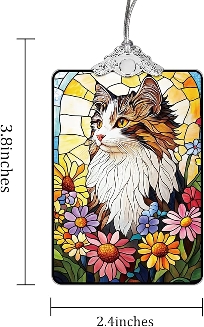 Cat in Flowers Stained Glass Ornament, 2025 Christmas Tree Hanging Decoration for Gift Exchange or Stocking Stuffer, Holiday Decor, 3.8 x 2.4 Inch