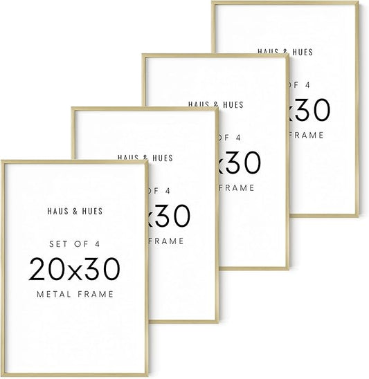 HAUS AND HUES 20x30 Gold Metal Picture Frames - Features Premium Aluminum, Vertical & Horizontal Hang, Shatterproof Plexiglass - Perfect for Home, Room, Office (20x30 in, Gold, Set of 4)