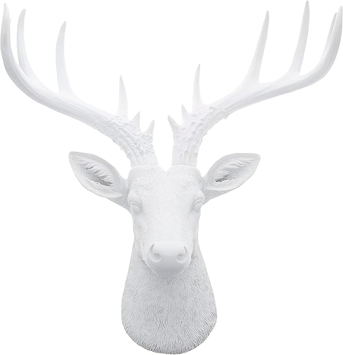 Top Brass 12 1/2" Faux White Deer Head/White Antlers Wall Decor - Modern Minimalism Taxidermy Art Sculpture