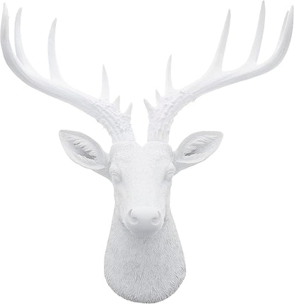 Top Brass 12 1/2" Faux White Deer Head/White Antlers Wall Decor - Modern Minimalism Taxidermy Art Sculpture