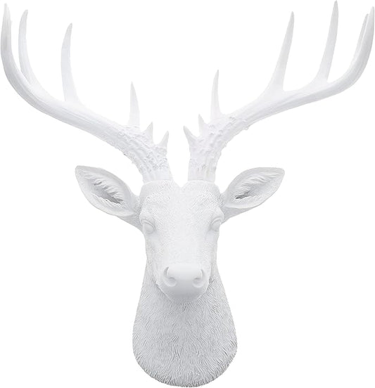 Top Brass 12 1/2" Faux White Deer Head/White Antlers Wall Decor - Modern Minimalism Taxidermy Art Sculpture
