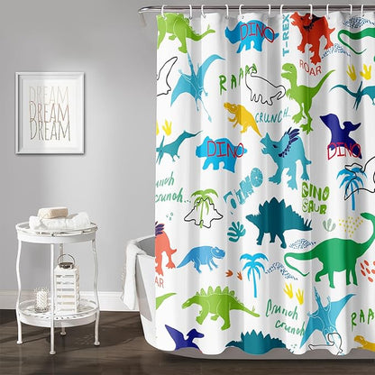 AILONEN Cartoon Dinosaur Shower Curtain for Kids Boys 72" W*96" H Inch,Colorful Dinosaur Pattern Shower Curtain,12 Pack Hooks Polyester Waterproof Fabric Decor for Bathroom