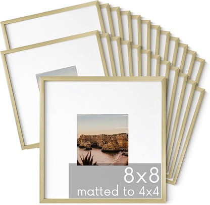 HAUS AND HUES 8x8 Gold Metal Picture Frames Matted to 4x4 - Features Premium Aluminum & Hanging Hardware, Shatterproof Plexiglass - Ideal for Home, Room, Office (8x8 in, Gold, Set of 25)
