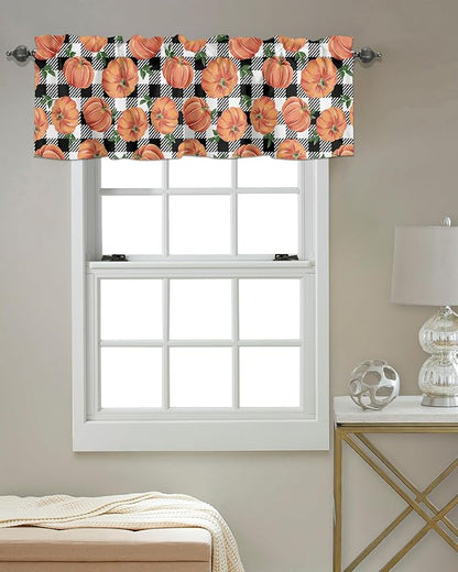 Fall Kitchen Curtains Valances for Windows Thanksgiving Halloween Pumpkins Rod Pocket Window Treatment for Kitchen /Living Room/Bedroom/ Bathroom,60" X 18"-1 Panel, Farmhouse Black White Buffalo Plaid