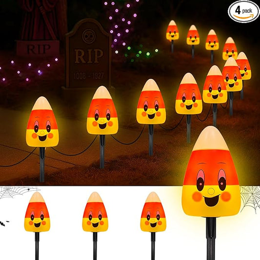 Halloween Candy Corn Lights Outdoor,4PCS Halloween 3D Candy Corn Pathway Lights with Stake,Waterproof Cute Candy Corn Decorations Light for Lawn Driveway Garden Yard Party Decor