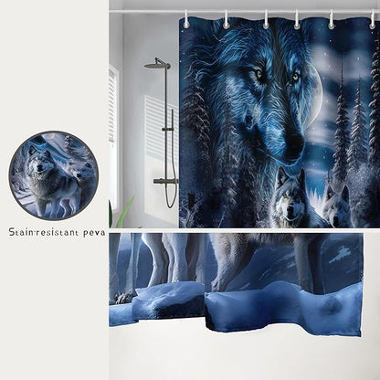 AILONEN Boys Snow Wolf Shower Curtain for Bathroom Decor,3D Night Galaxy Starry Wolf Decor Bath Curtain 36" W*72" H Polyester Fabric Waterproof Bathroom Curtain with 12 Hooks