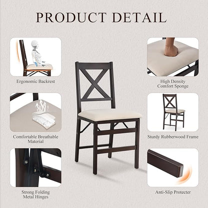 COLAMY Folding Dining Chairs Set of 2, Foldable Chairs with Padded Seats, Wood Folding Dining Room Chairs for Dinner, Kitchen, Party, Camping, Beige