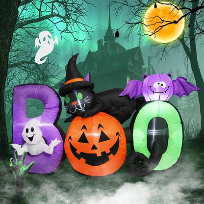 MUMTOP Halloween Inflatables Outdoor Decorations - 5 FT Pumpkin Inflatable with Ghost, Black Cat and Bat, Halloween Blow Up Yard Decorations with Built-in LED Lights for Party Yard Garden