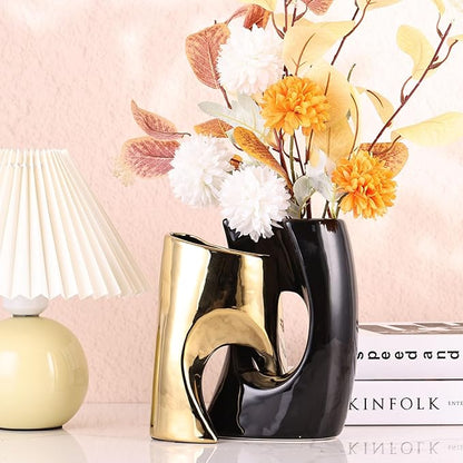 Black Gold Ceramic Vases Set of 2,Modern Vase for Nordic Minimalist Book Style Shelf Decor, Hollow Round Pampas Flower Vases for Boho Home Wedding Party Room Dinner Table Shelf Decor