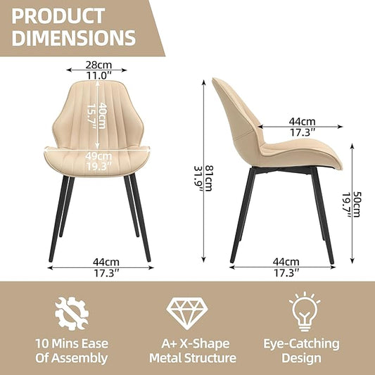 Finnhomy Dining Chairs Set of 2, Mid-Century Modern Upholstered Dining Chairs, Armless Faux Leather Accent Chairs with Backrest, Living Dining Room Chairs with Metal Legs for Dining Room, Khaki