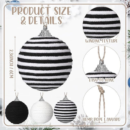 Syhood 9 Pcs 2.36 Inch Christmas Ball Ornaments Boho Farmhouse Jute Rope Hanging Balls Burlap Neutral Rustic Ornaments for Xmas Tree Holiday Wreath Garland Wedding Home(Black, White, Black and White)