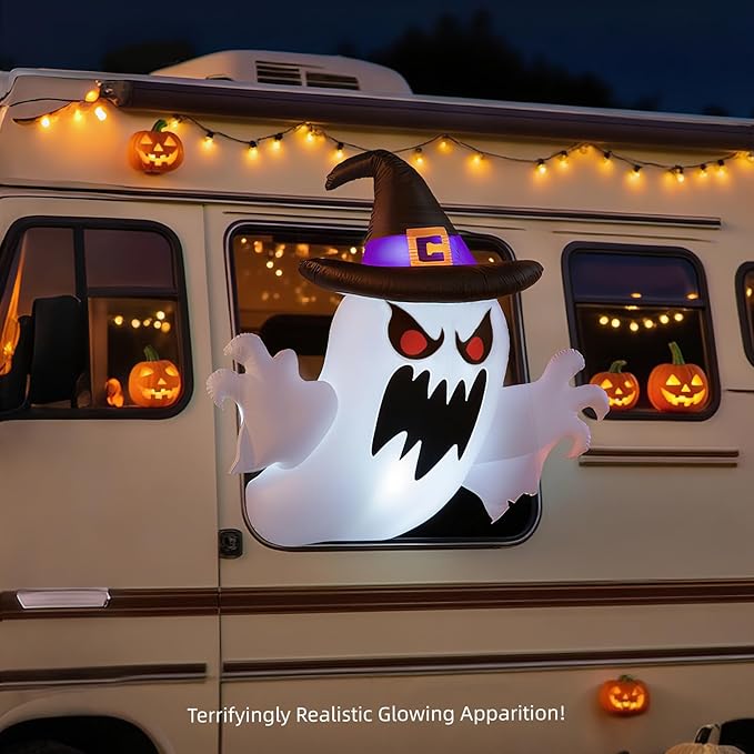 5 FT Halloween Decorations Window Inflatable Ghost with Build-in LEDs, Blow Up Flying Ghost, Blow Up Flying Ghost Broke Out from Windows for Halloweeen,Outdoor, Yard, Garden, Lawn Decoration