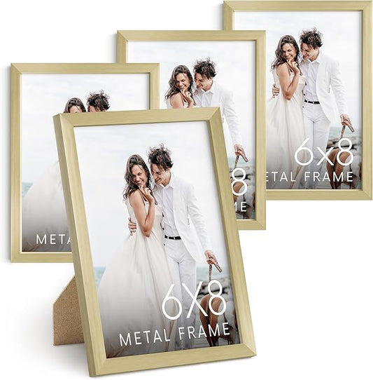 HAUS AND HUES 6x8 Gold Metal Picture Frames - Gold Frames 6x8 - Features Premium Aluminum, Vertical Hanging, Easel Back for Tabletop, Home, Office (6x8 in, Set of 4)