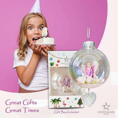 Purple Fairy Christmas Ornament - Handmade Shatterproof Decorations for Indoor Outdoor Xmas Tree - Clear Ball Ornaments with Magnetic Crystal - Great Gift or Stocking Stuffer for Mom, Sister, Friend