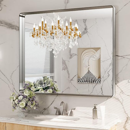 LOAAO 40X36 Inch Brushed Nickel Bathroom Mirror, Rounded Rectangle Silver Metal Frame Mirror, Brushed Nickel, Anti-Rust, Shatter Proof, Hangs Horizontally or Vertically
