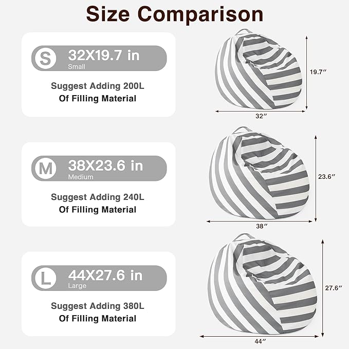 EXQ Home Kids Bean Bag Chairs Cover -Stuffed Animal Bean Bag Storage Grey and White Stripes-Zipper Bean Bag for Organizing Children Plush Toys Holiday Gift for Girl,Boys (XL)