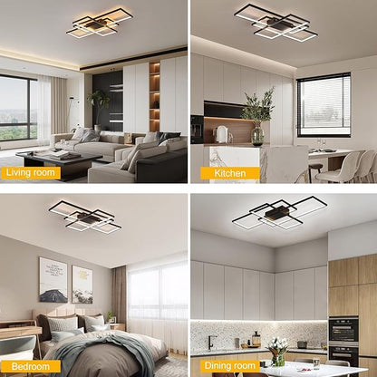 GEADI Modern Large Led Ceiling Light for Living Room,35.4" Black Dimmable Ceiling Lights for Bedroom with Remote Control,3 Rectangular Light Fixtures for Kitchen Dining Room Office, 3000-6500K