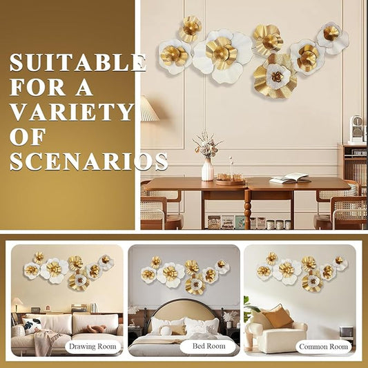 Metal Wall Art, White Gold Abstract Wall Decorations Metal Wall Decor, Modern Metal Wall Sculptures,Large 3D Vertical 49"*25" Flower Wall Decor for Living Room Dining Room Bedroom Wall Hanging Decor