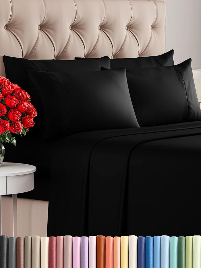 CGK Linens Queen 6 Piece Sheet Set - Cooling Sheets for Hot Sleepers - Hotel Luxury Bedding Set with 8-16 Inch Deep Pockets - 1 Flat & 1 Fitted & 4 Pillowcases - Soft, Easy Care & Wrinkle Free - Black