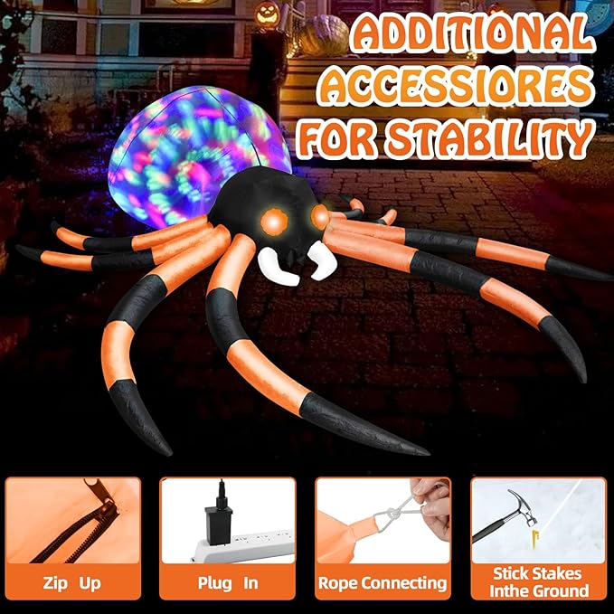 12Ft Halloween Inflatables Spider with 7-Colors Changing LED Lights, Decorations Outdoor Rotating Lights & Glowing Eyes, Large Creepy Props for Yard Garden Decor Orange