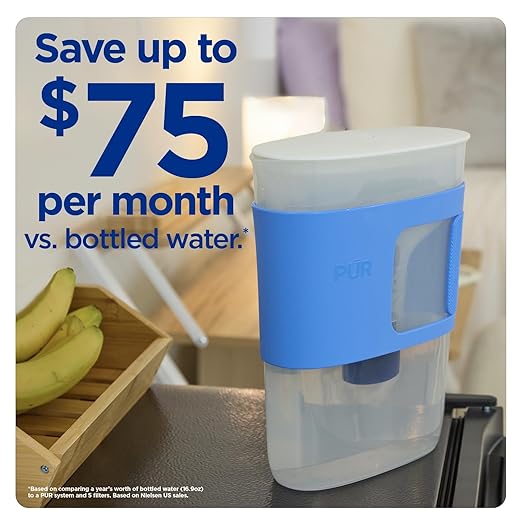 PUR Water Filter Pitcher Slim design 8 Cup capacity with 1 filter, dishwasher safe, faster filtration, water purifier pitcher for cleaner, great tasting water, ideal for compact space, dorm room, Blue