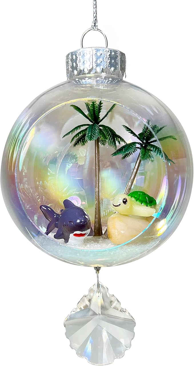 Shark & Turtle Christmas Ornament - Handmade Shatterproof Decorations for Indoor Outdoor Xmas Tree - Clear Ball Ornaments with Magnetic Crystal - Great Gift or Stocking Stuffer for Mom, Sister, Friend