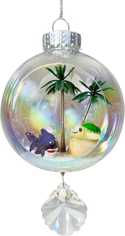 Shark & Turtle Christmas Ornament - Handmade Shatterproof Decorations for Indoor Outdoor Xmas Tree - Clear Ball Ornaments with Magnetic Crystal - Great Gift or Stocking Stuffer for Mom, Sister, Friend