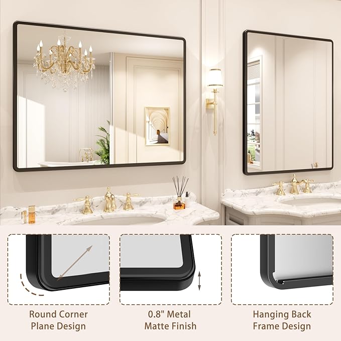 New Upgrade 30X36 Inch Wall Mounted Bathroom Mirror, Black Metal Frame Rounded Rectangle Mirror, Bathroom Vanity Mirror with Tempered Glass for Washroom Bedroom Living Room