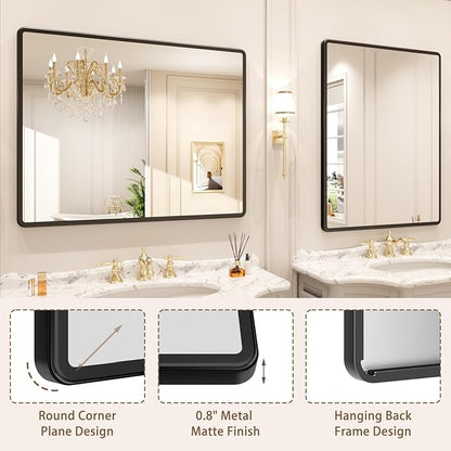 New Upgrade 30X36 Inch Wall Mounted Bathroom Mirror, Black Metal Frame Rounded Rectangle Mirror, Bathroom Vanity Mirror with Tempered Glass for Washroom Bedroom Living Room