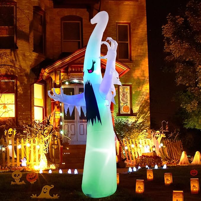 GOOSH 12 FT Halloween Inflatables Ghost Outdoor Decorations Blow Up Yard Giant Scary Red Eye Ghost with Built-in Colorful LEDs for Garden Lawn Indoor Party Decor