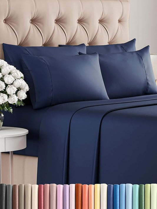 CGK Linens Queen 6 Piece Sheet Set - Cooling Sheets for Hot Sleepers - Hotel Luxury Bedding Set with 8-16 Inch Deep Pockets - 1 Flat & 1 Fitted & 4 Pillowcases - Soft, Comfy & Wrinkle Free - Navy Blue