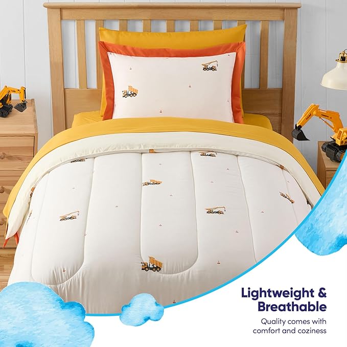 Construction Bedding Set Twin Size – Bed in a Bag with Sheets, Pillowcases & Shams – Soft Construction Bedding Comforter Set with Dump Trucks, Cranes & Bulldozers – Fun Kids Construction Bedroom Decor