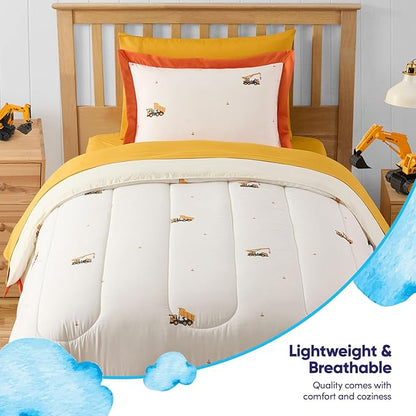 Construction Bedding Set Twin Size – Bed in a Bag with Sheets, Pillowcases & Shams – Soft Construction Bedding Comforter Set with Dump Trucks, Cranes & Bulldozers – Fun Kids Construction Bedroom Decor