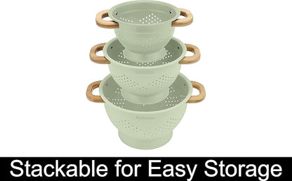 Metal Colander with Wood Handle | Set of 3 with Bamboo Handles | 1.5Q, 3Q, 5Q (Sage Leaf Green)