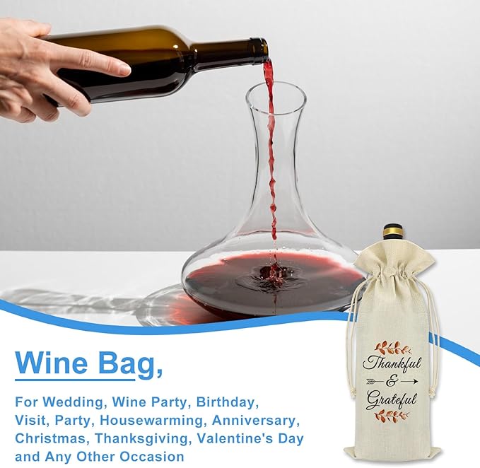 Thankful Grateful Wine Bag Thanksgiving Fall Theme Gift Thank You Gift for Friends Coworker Dad Mom Grandparents Autumn Holiday Halloween Christmas Birthday Gift for Women Men Reusable Wine Bottle Bag
