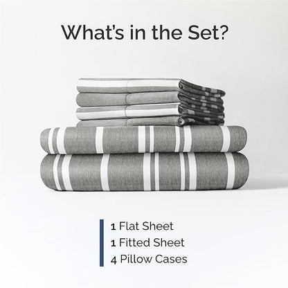 CGK Linens King 6 Piece Sheet Set - Cooling Sheets for Hot Sleepers - Hotel Luxury Bedding Set with 8-16 Inch Deep Pockets - 1 Flat & 1 Fitted & 4 Pillowcases - Soft and Wrinkle Free - Grey Stripes