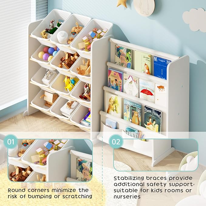 Kids Toy Storage Organizer - Toy Storage with Kids Bookshelf, Toy Organizer with 12 White Bins and 4 Book Shelves, Toy Organizers and Storage for Playroom, Nursery, Kids Room, White
