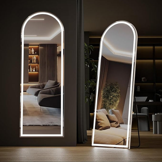 Sweetcrispy 63"x20" Mirror Full Length Standing Mirror with LED Lights, Lighted Floor Mirror with Stand, w/Dimming & 3 Color Lighting, Wall Mirror Full Length Aluminum Alloy Thin Frame, White